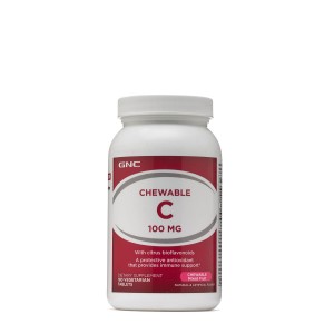 GNC Chewable C 100 mg, Vitamina C Masticabila pentru Copii, cu Bioflavonoide, Acerola si Pudra de Macese,180 tb